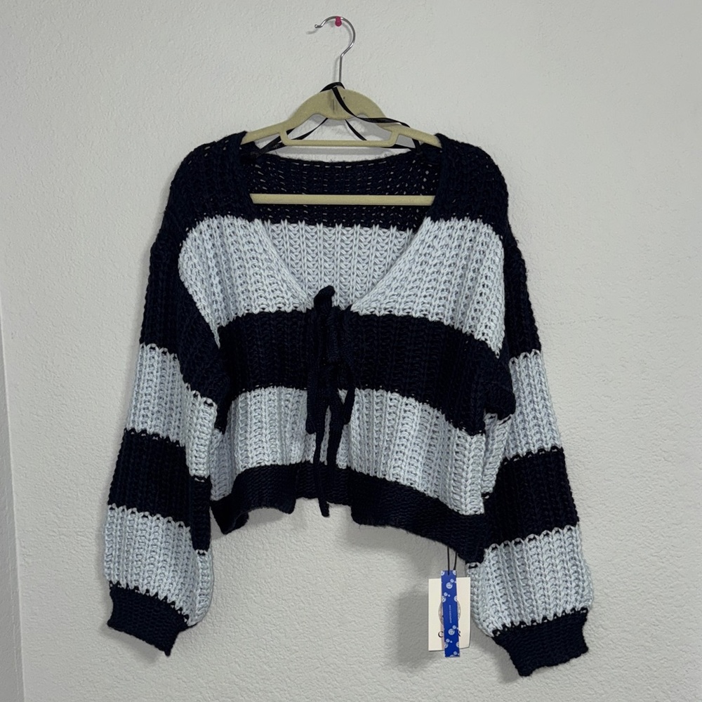 Cider Black and White Striped V-Neck Sweater